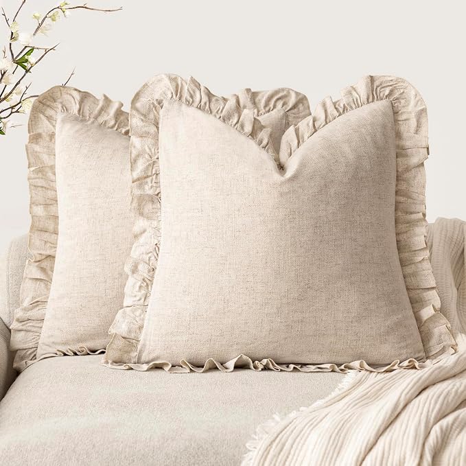 Foindtower Set of 2 Decorative Linen Fringe Ruffle Throw Pillow Covers Soft Boho Farmhouse Cushion Cover Cozy Accent Retro Pillowcase for Couch Sofa Bed Living Room Home Decor,24×24 Inch,Natural Beige