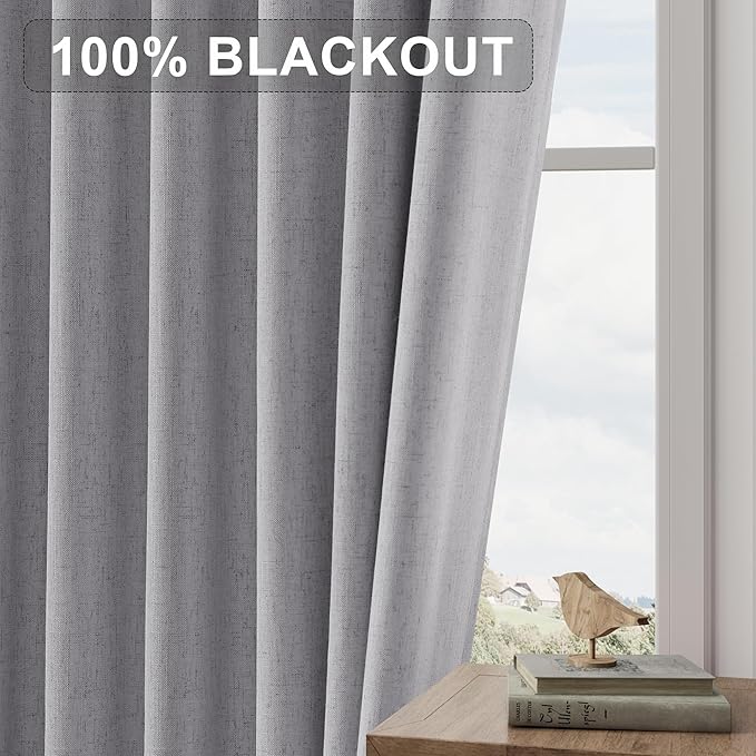Joywell 100% Blackout Linen Curtains 80 Inches Long for Bedroom Black Out Curtain 2 Panel Set Rod Pocket Back Tab Room Darkening Drapes for Dining Room Office Window 52 x 80,Light Gray