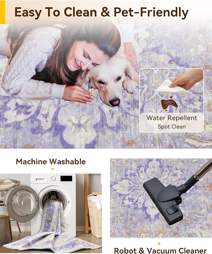RELEANY Area Rugs Large 10'x14' Washable Non-Slip, Floral Vintage Distress Medallion Carpet for Living Room Bedroom Dining Room, Light Purple Brown