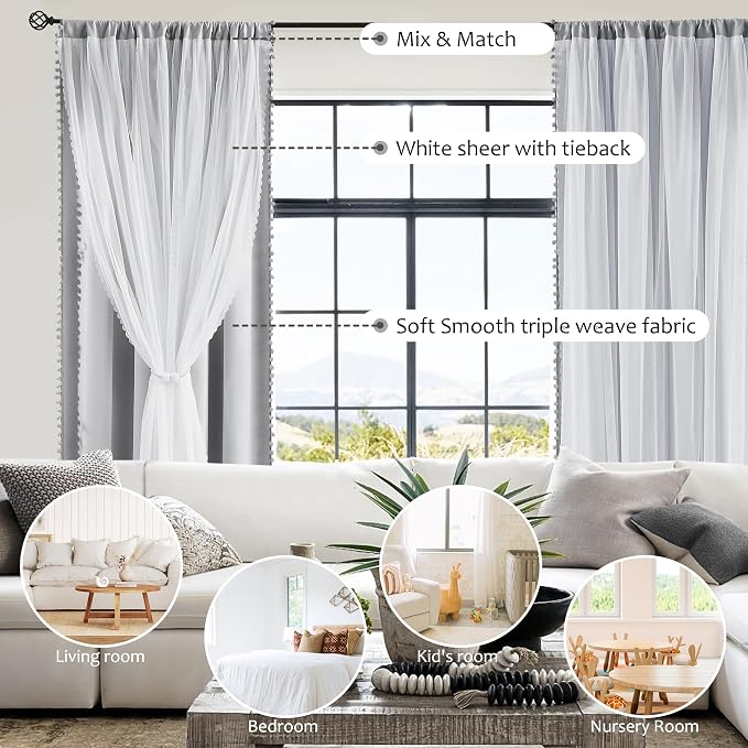 Treatmentex Pom-Pom Blackout Curtains with Sheer Overlay for Living Room Bedroom Kid's Nursery Room, Grey Mix and Match Double Layer Room Darkening Window Curtain Panels with Tie Backs, 2 pcs, 52x84