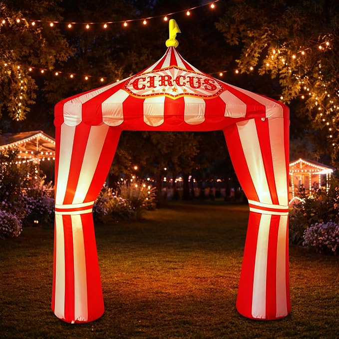10ft Carnival Circus Tent Party Decorations, Red and White Striped Inflatable Arch with Build in LED Lights, Blow Up Tent for Circus Carnival Halloween Themed Birthday Party Decorations