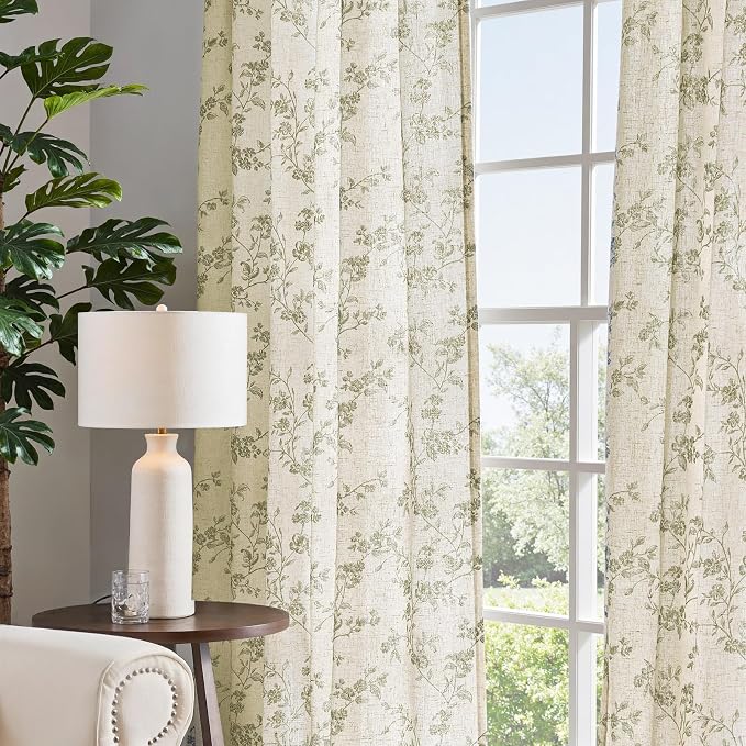 jinchan Green Floral Linen Curtains 84 Inch Flower Drapes Back Tab 2 Panels | Green on beige, light filtering, semi sheer, farmhouse, rustic, country, bedroom, living room, kitchen, window treatment