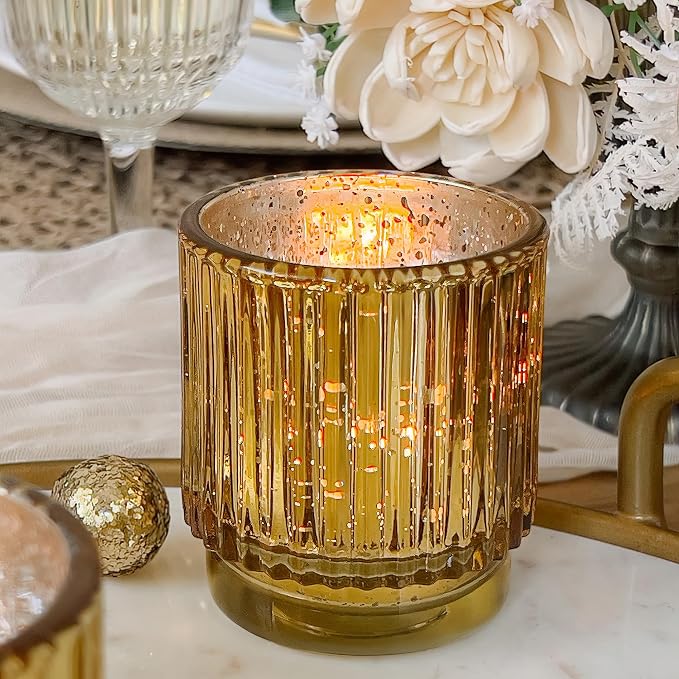 Gold Vintage Ribbed Glass Tealight Votive Candle Holders by Kate Aspen (Set of 6), Fall Decor, Boho Decor, Shelf Decoration | Perfect Hostess Gift or Home Decor (Pack of 6)