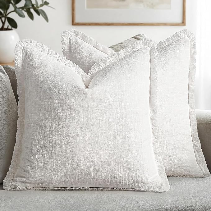 MIULEE Decorative Throw Pillow Covers Neutral Linen Fringe Throw Pillows Euro Shams Set of 2 White Boho Farmhouse Cushion Covers for Couch Sofa Bed Living Room Spring Home Decor 28x28 Inch