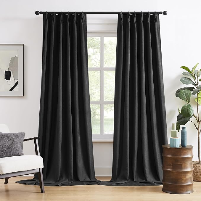 DUALIFE 2 Panels Pinch Pleated Blackout Curtains, Back Tab with Hooks, Extra Long Black Curtains/Drapes 132 Inch Length 11 FT,Thermal Insulated Draperies for Loft,(Black, 2 Panels,40" W x 132" L)