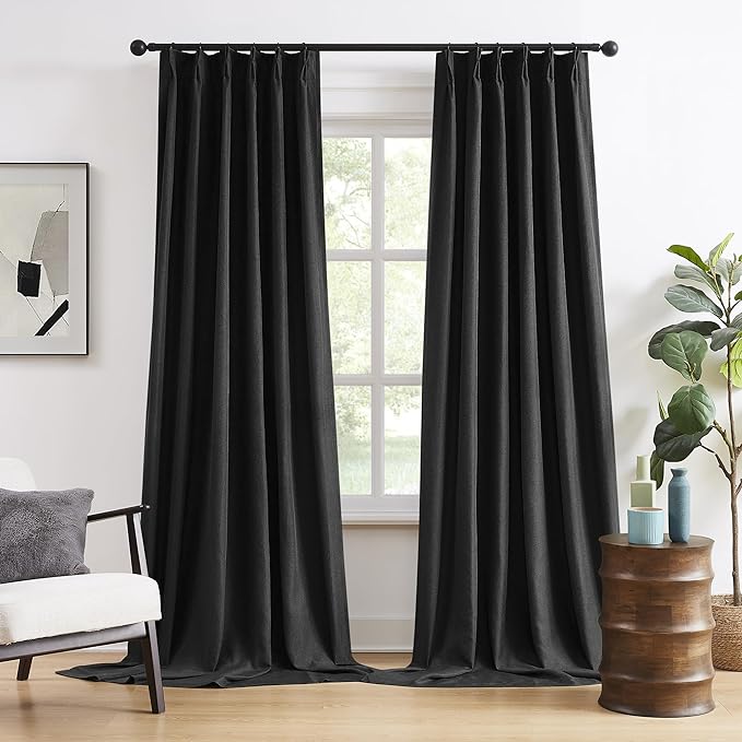 Pinch Pleated Blackout Cabin & Drapes 100 Inch Length with Hooks for Track System, Blackout Thermal Insulated Window Curtains for Living Room, 40W x 100L 2 Panels, Back Tab, Black