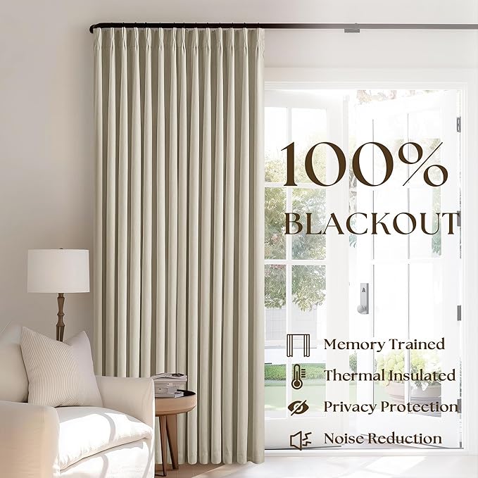 Taupe Pinch Pleated 112 Inch Linen Blackout Curtains 2 Panels for Living Room Bedroom Thermal Insulated 100% Black Out Linen Drapes with Liner Room Darkening Window Curtains Burlywood Birch 40x112