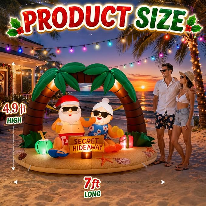 Leyndo Christmas in July Inflatable, 7 ft Christmas Inflatables Santa and Mrs. Claus Secret Ornament Built-in LED Xmas Blow up Yard Decorations for Island Holiday Beach Party Supplies
