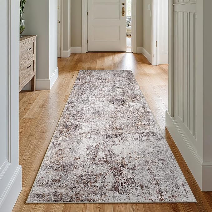 3x7 Washable Hallway Runner Rug – Abstract Non-Slip Mat with Rubber Backing Indoor Modern Runner Rugs Low-Pile Soft Carpet for Kitchen, Bedroom, Entryway, Hardwood (Brick Gray, 3x7)