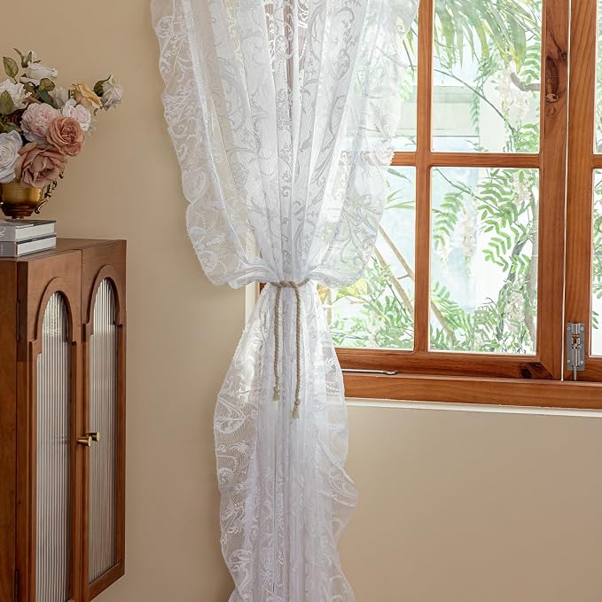TUDECO White Ruffle Curtains - Boho Flower Sheer Lace Curtains for Dining Room - Shabby Chic Flowy Privacy Coquette Decor - Rod Pocket - 2 Panels, 59 x 96 Inch