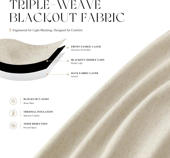 Jowels Warm Beige Linen Blackout Curtains 84 Length 2 Panels Set for Living Room Bedroom, 100% Black Out Thermal Insulated Linen Drapes, Room Darkening Grommet Curtains 84 Inches Long