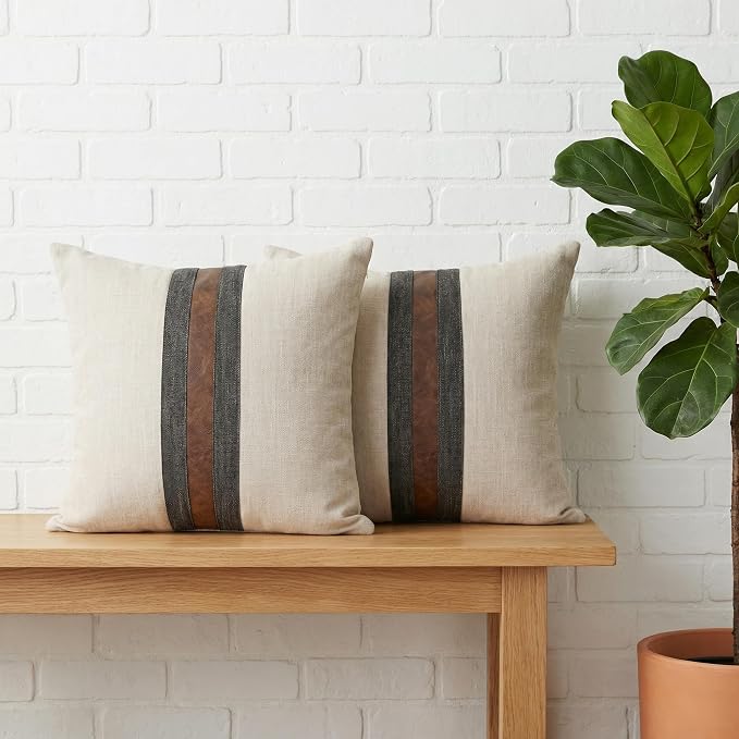 Set of 2 Leather Throw Pillow Covers Cotton Linen Decor Patchwork Pillow Cover Faux Leather Pillows Cover for Couch Sofa Living Room Bedroom,Beige 22"x22"
