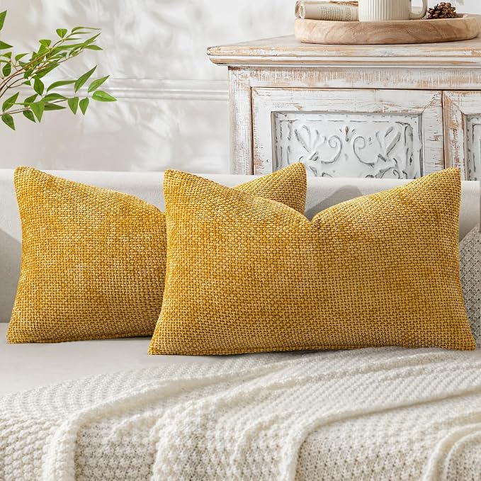 MIULEE Pack of 2 Gold Lumbar Throw Pillow Covers 20x12 Inch Mustard Yellow Summer Modern Boho Decorative Pillow Covers Soft Chenille Farmhouse Cushion Covers for Home Decor Couch Bed Sofa Living Room