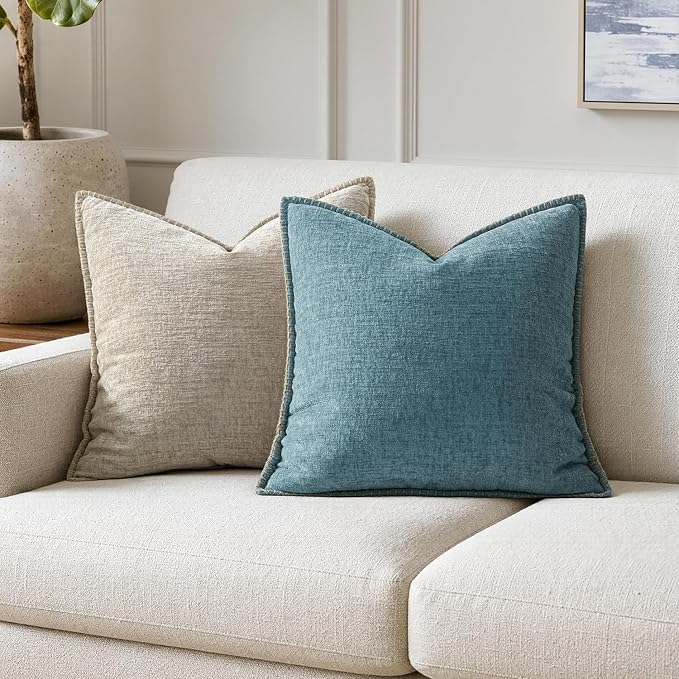 MIULEE Pack of 2 Couch Throw Pillow Covers 18x18 Inch Smoke Blue Farmhouse Decorative Pillow Covers with Stitched Edge Soft Chenille Solid Dyed Spring Pillow Covers for Sofa Bed Living Room