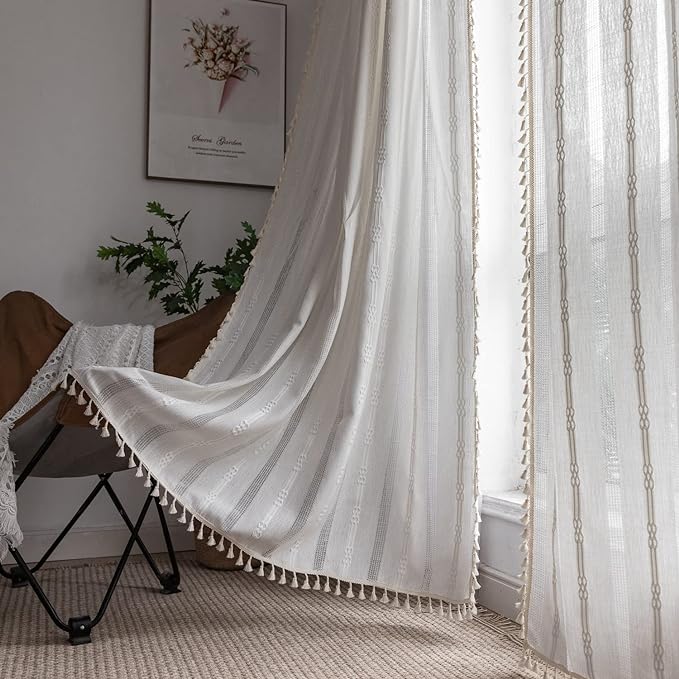 Boho Curtains for Bedroom Embroidery Striped Farmhouse 84 Inches Long 2 Pannels Set White Linen Light Filtering for Living Room Rod Pocket Drapes(52" W x 84" L,White)