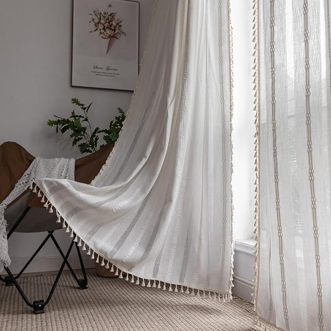 Boho Linen Curtains - 96 Inch Long, 2 Panel Off White Country Farmhouse Curtains for Bedroom & Living Room - Light Filtering Rod Pocket Drapes (52" W x 96" L, White)