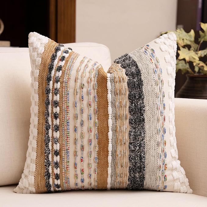 Boho Chenille Tufted Throw Pillow Covers 18x18 Inch Set of 2 Farmhouse Brown Woven Striped Decorative Pillowcases for Couch Sofa Bed