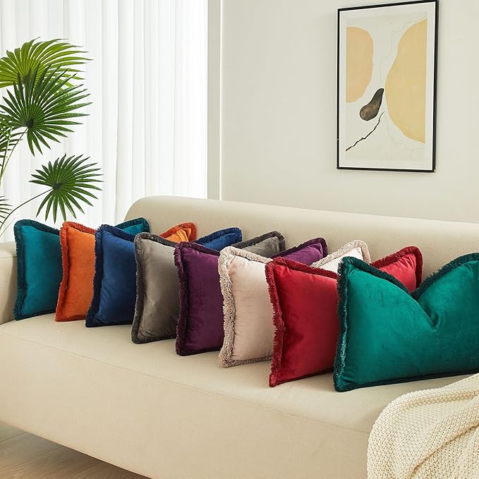 JUSPURBET Forest Green Lumbar Velvet Throw Pillow Covers 12x20 Inch Set of 2 with Soft Tassel Fringe Luxury Boho Pillowcase for Sofa Couch Bed Home Decor Machine Washable