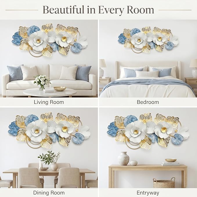Axioglo 51" Large Wall Decor,3D Floral Metal Wall Art for Living Room | 51" x 22" metal wall decor with layered metal texture, mounting hardware, two-way display