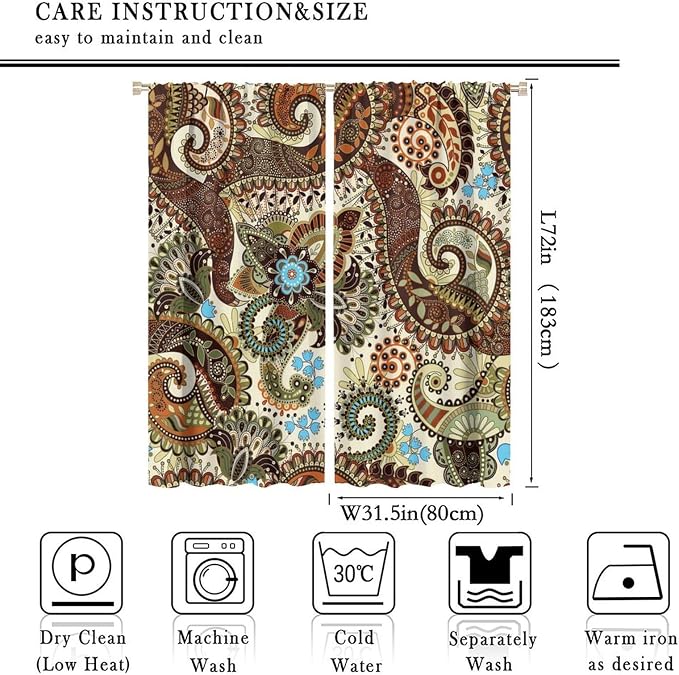Boho Curtains, Abstract Pelis Boho Brown Vintage Floral Ethnic Tribal Blossom Print, Blackout Curtains for Bedroom Living Room63X72 Inch
