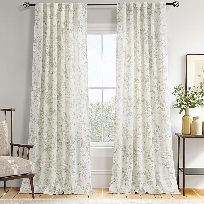 Green Floral Curtains 102 inch Length Back Tab Farmhouser Living Room Light Filtering Curtains Green Pattern Print on Cream White Linen Curtain Minimalist Aesthetic Sketch Style Vintage Room Decor