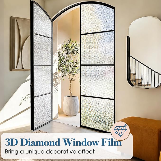 Windimiley Frosted Glass Window Privacy Film, 3D Diamond, 45.2" x 314.8" | Static Cling No Glue Removable, UV Heat Blocking, Decorative Window Film, Renter Friendly for Bathroom Bedroom Door