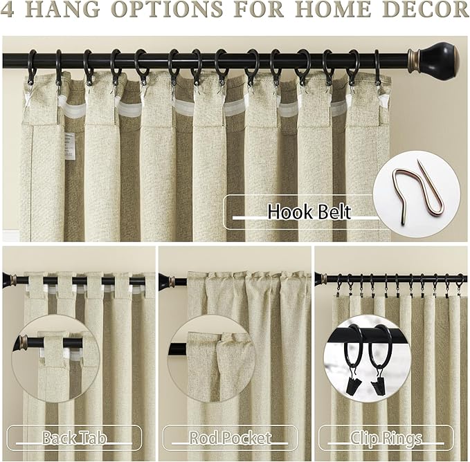 DUALIFE Faux Linen Blackout Curtains 80 Inch Long,Farmhouse Pinch Pleated Back Tab Rod Curtains Room Darkening Thermal Insulated for Bedroom Living Room,W50 x L80,Chartreuse Oatmeal,2 Panels