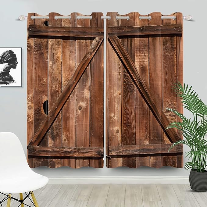 Old Tan Wooden Curtains American Rustic Garage Door Curtains Vintage Barn Door Drapes Wood Planks Rural Style Native Country Farmhouse Bedroom Window Treatment, 53x96 inch, 2 Panels