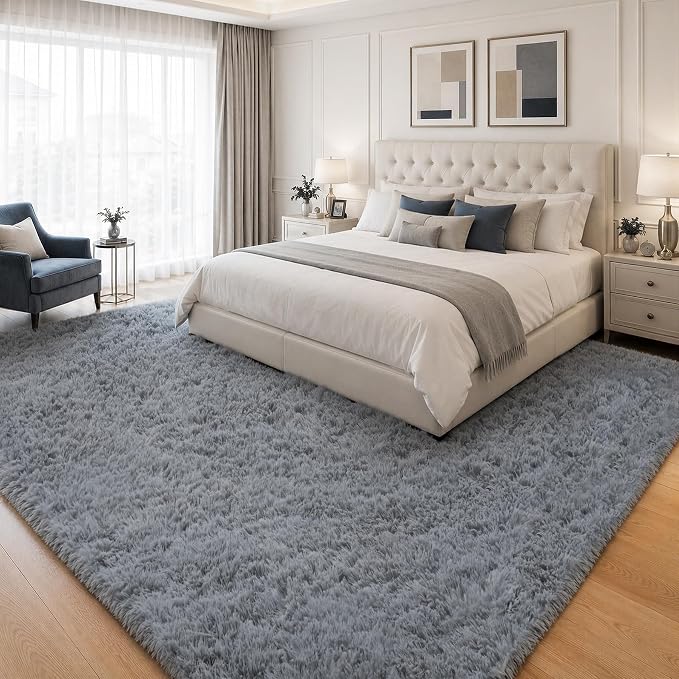 Area Rug for Living Room Bedroom: 8x10 Grey Soft Fluffy Shag Upgrade Non-Slip High Pile Carpet Large Fuzzy Plush Indoor Floor Decor Shaggy Rug for Kid Boys Girls Dorms Playroom Nursery Modern Home