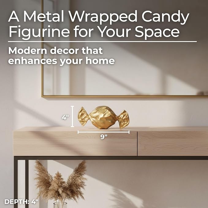 Sagebrook Home Gold Metal 9" Wrapped Candy Decorative Object, Elegant Aluminum and Suar Wood Accents for Home Decor
