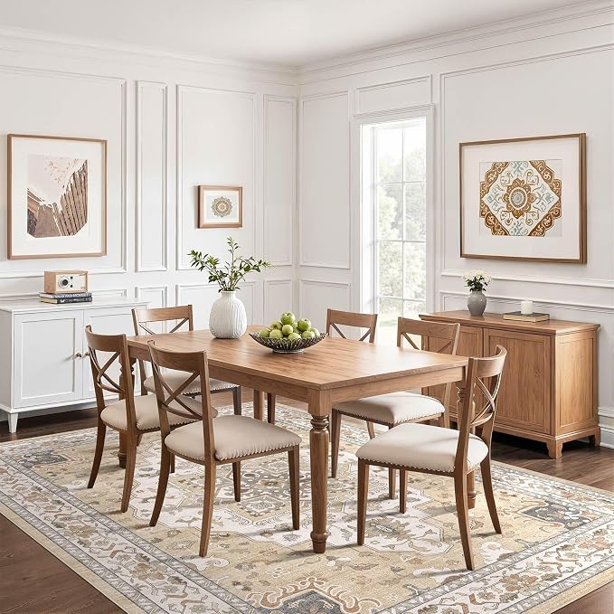 7x9 Area Rug Living Room: Washable Boho Large Neutral Vintage Soft Rug Stain Resistant Farmhouse Non-Slip Indoor Floor Retro Carpet for Bedroom Nursery Kids Office Dining Room- Sand Gray