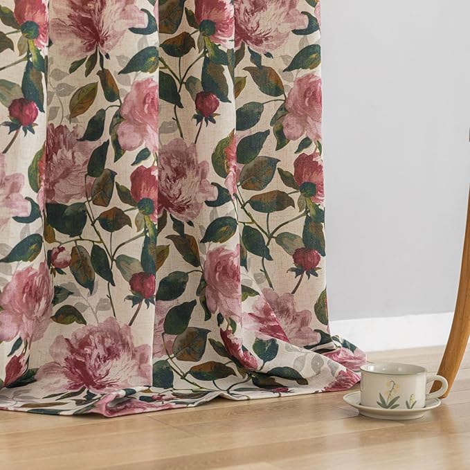 ALIGOGO Floral Printed Curtains 72 Inch Length - Vibrant Pink Floral Curtains for Bedroom Aesthetics Linen Grommet Privacy Colorful Peony Window Drapes 2 Panels, 50 x 72 Inch, Pink