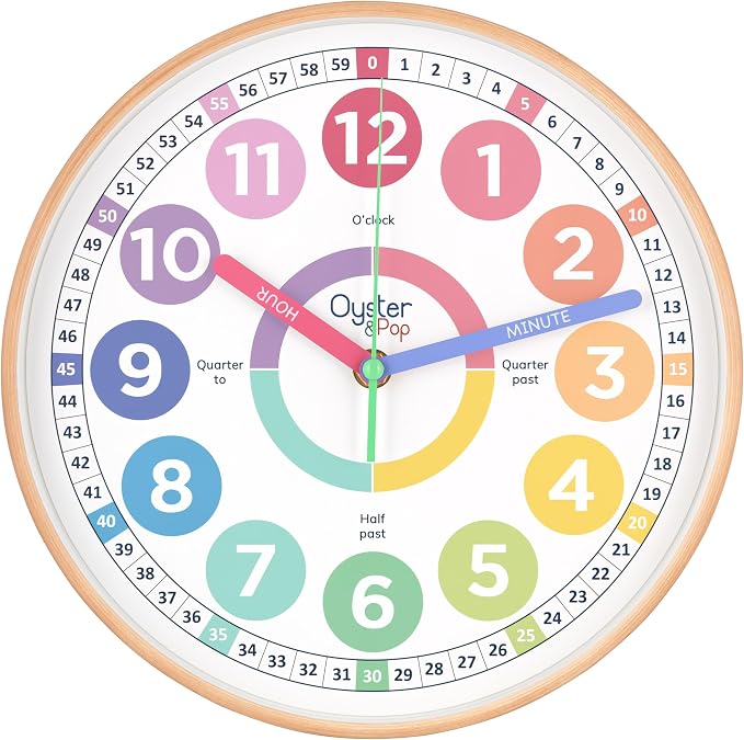 Oyster&Pop Kids Clock - Silent 10" Pastel Analog Learning Wall Clock - Award-Winning Telling Time Teaching Clock for Kids - Bedrooms Homeschool & Classrooms - Includes eBook