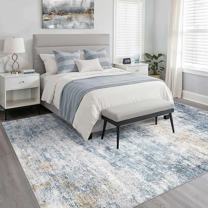 10x12 Area Rugs Living Room: Washable Large Neutral Rug Abstract Soft Modern Stain Resistant Indoor Floor Non-Slip Carpet for Bedroom Nursery Kids Office Playroom Dining Room Under Table- Blue Gold