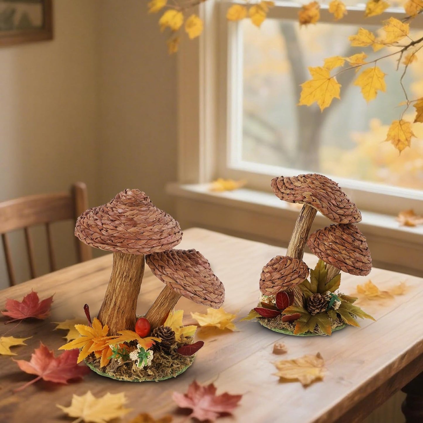 winemana 2 Pack Mushroom Fall Decor - Handmade Woven Mushrooms Figurines, Rustic Farmhouse Table Centerpieces for Thanksgiving, Autumn Home, Shelf & Kitchen Decor