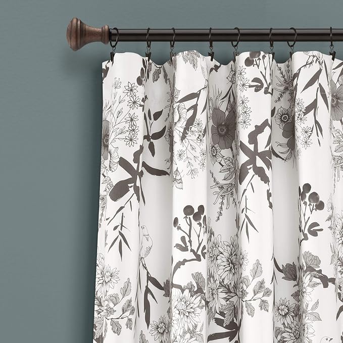 Lush Decor Botanical Garden Curtains Floral Bird Print Light Filtering Window Panel Drapes Set for Living, Dining, Bedroom (Pair), Gray & White, 52"W x 95L"