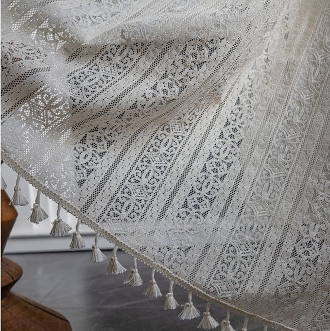 Sutuo Home Boho Curtain Crochet Lace Semi-Sheer Florals Hollow Knitted Handmade Tassels, Rod Pocket Window Treatment Vintage Rustic Farmhouse Drapes for Living Bedroom, 1 Panel 59" W x 84" L, Beige