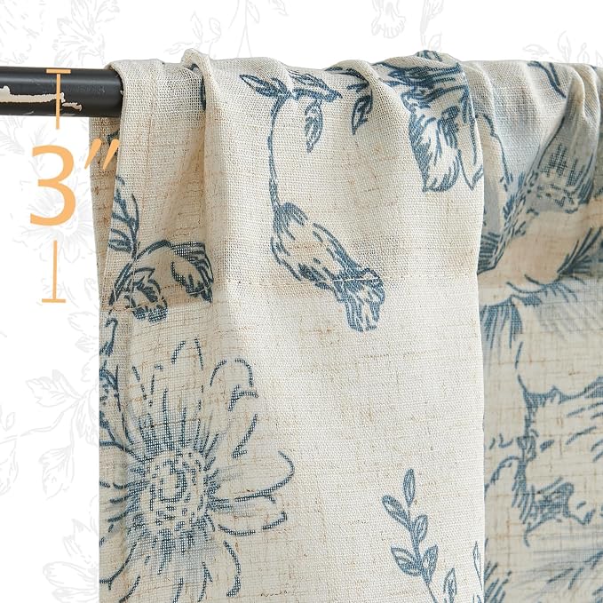 jinchan Linen Kitchen French Floral Tier Curtains 30 Inch Farmhouse Vintage Cafe Small Window Rustic Half Window Curtains for Living Room Bathroom 2 Panels Blue on Beige