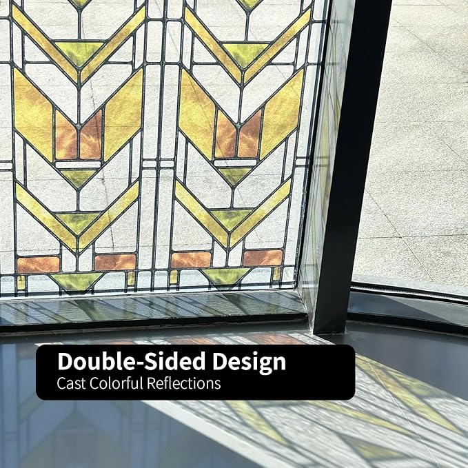 Faux Stained Glass Effect Transparent Window Film, Original Hand Drawn Static Cling Home Decal Inspired by Frank Lloyd Wright, 16.93" x84.65" Martin House, Boho