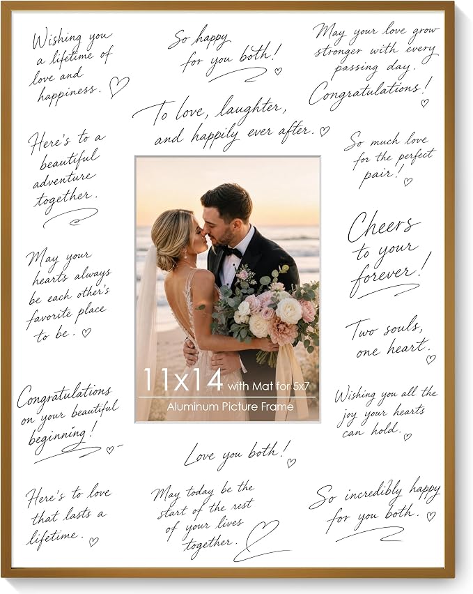 Signature Picture Frame 11x14, Aluminum Signable Frame with Mat, Bronze | Warm Bronze Signable Frame with 5x7 Opening for Wedding, Graduation, Birthday & Baby Shower Guest Book | Wall Kit Included