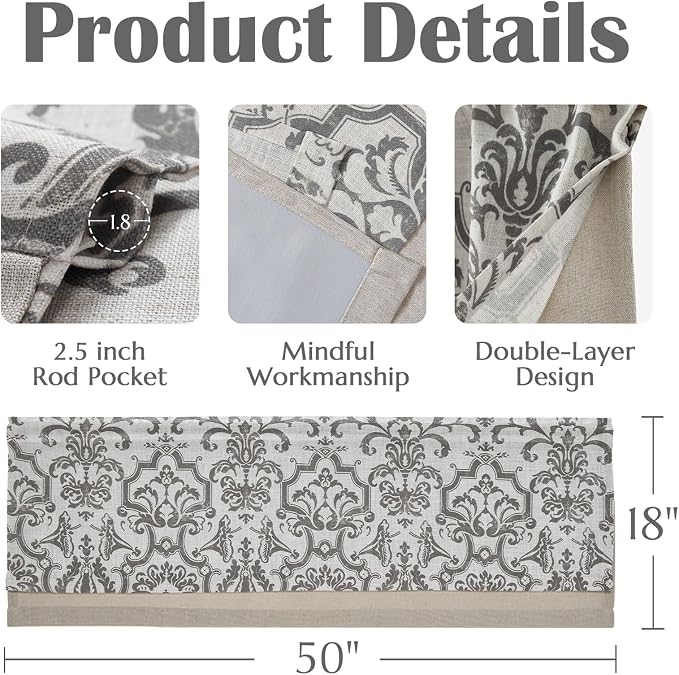 jinchan Linen Valance Curtain for Kitchen Vintage Damask Floral Blackout Valance Double Layer Gray Small Window Curtain for Living Room Bedroom Bathroom 18 Inch Rod Pocket 1 Panel Grey on Beige