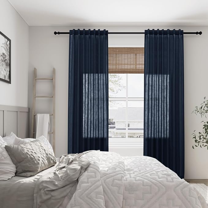Aersas Navy Linen Curtains 120 Inches Long for Bedroom 2 Panels Back Tab Pocket Drapes Light Filtering Semi Sheer Privacy Dark Blue Curtains for Living Room 52x120