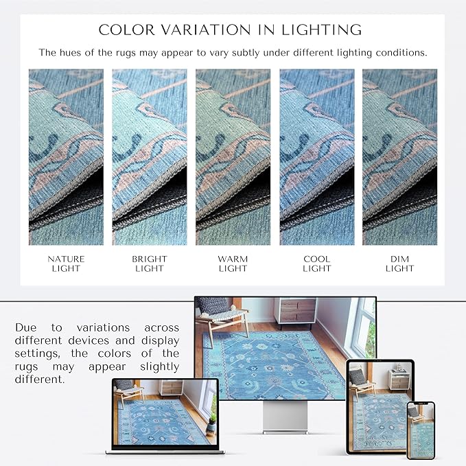Teal Blue Oushak Large Area Rug 8x10 - Washable Boho Rug Vintage Turkish Non-Slip Carpet Non-Shedding Extra Large Area Rugs for Living Room, Dining, Bedroom, Lounge, Farmhouse