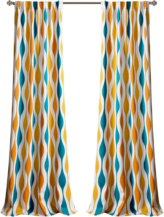 Lush Decor Mid Century Geo Light Filtering Window Curtain Panel Pair, 95" Long x 52" Wide, Turquoise & Orange