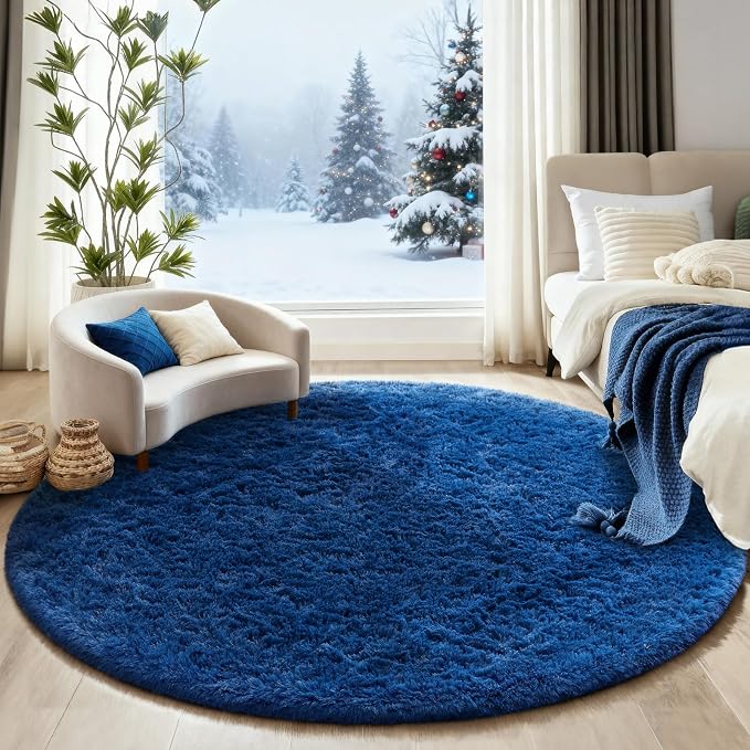 Ophanie Round Rug 6Ft Blue Circle Area Rug, Boys Room Decor, Fluffy Fuzzy Bedroom Carpet, Plush Soft Shaggy Living Room Rugs for Kids Home Aesthetic, Nursery with Over 99 pcs Pile fibers