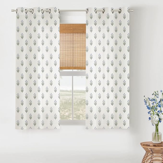 Lino Rosa Short Floral Patterned Curtains for Bathroom Window, 45 Inch Length Light Filtering Linen Sheer Panel for Bedroom, Blue and Green
