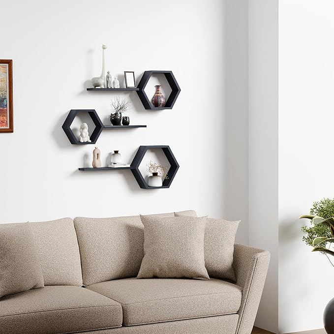 Hexagon Floating Shelves Set of 6 Honeycomb Shelves for Wall, Wooden Hexagon Shelves for Farmhouse Storage (Carbonized Black)