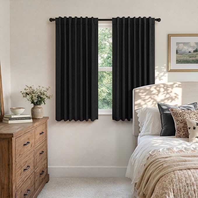 Pitalk 54 Inch Blackout Curtains Length 2 Panels Set Back Tab Pocket Room Darkening Insulating Thermal Short Sunblock Solar Soundproof Black Dark Out Curtains for Bedroom Nursery Man Cave 52x54 Long