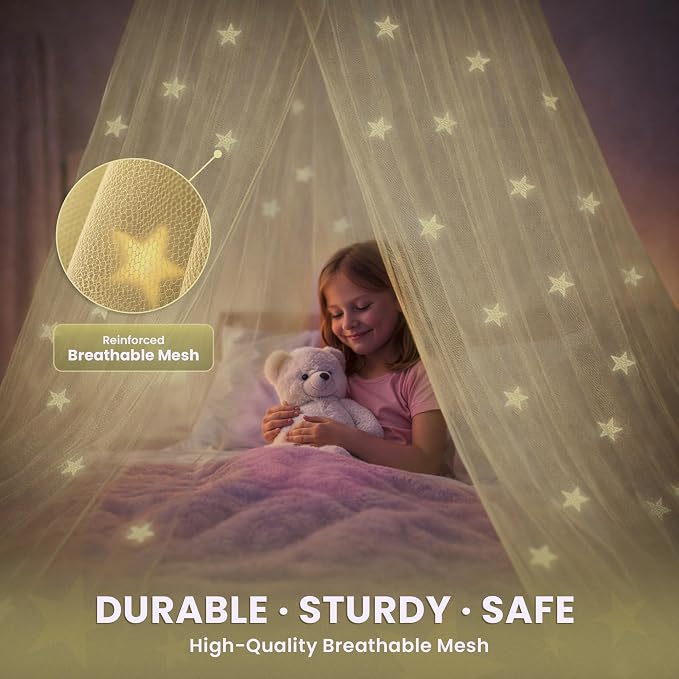 Bollepo Yellow Bed Canopy for Girls with Glowing Stars - Princess Yellow Baby Canopy for Bed, Netting Room Decor, Ceiling Tent, Canopy | Single, Twin, Full, Queen Size Kids Bed