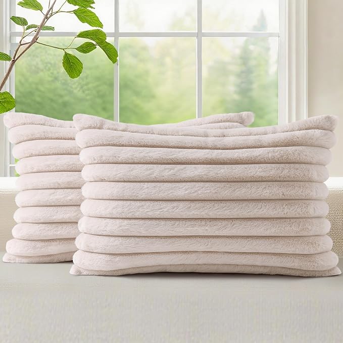 decorUhome Fall Cozy Faux Fur Throw Pillow Covers 12x20 Set of 2 Decorative Soft Plush Striped Lumbar Modern Farmhouse Boho Couch Pillow Cases with Velvet Back for Sofa Bed Living Room, Beige